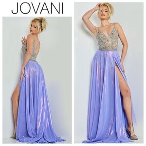 JOVANI Silver Lilac Embellished Chiffon Dress